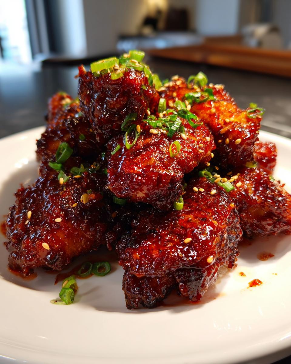 Close-up of sticky, glazed Korean fried chicken pieces garnished with green onions and sesame seeds.