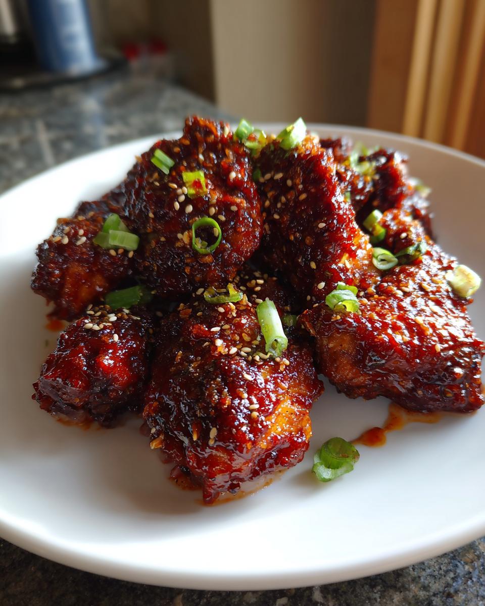 Close-up of glossy, dark red Korean fried chicken pieces garnished with sesame seeds and green onions.
