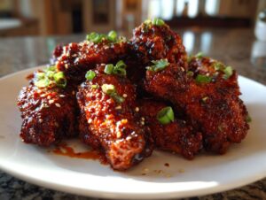 Close-up of glossy, dark red Korean fried chicken wings piled on a white plate, garnished with sesame seeds and green onions.