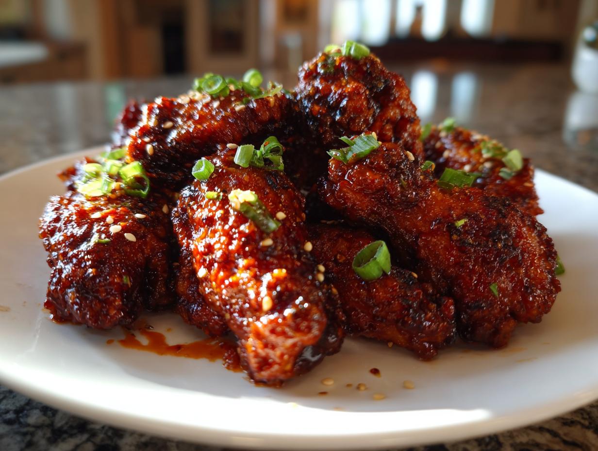 Close-up of glossy, dark red Korean fried chicken wings piled on a white plate, garnished with sesame seeds and green onions.