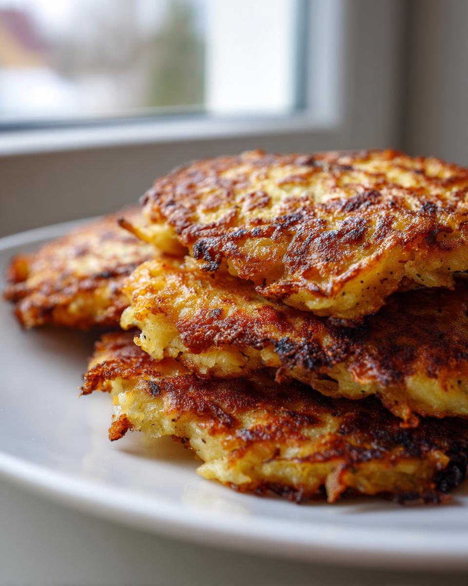 A close-up stack of golden-brown, crispy potato pancakes served on a white plate.