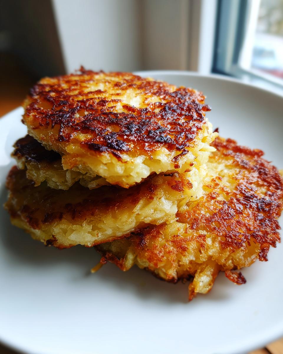 A stack of three golden-brown, crispy potato pancakes served on a white plate.