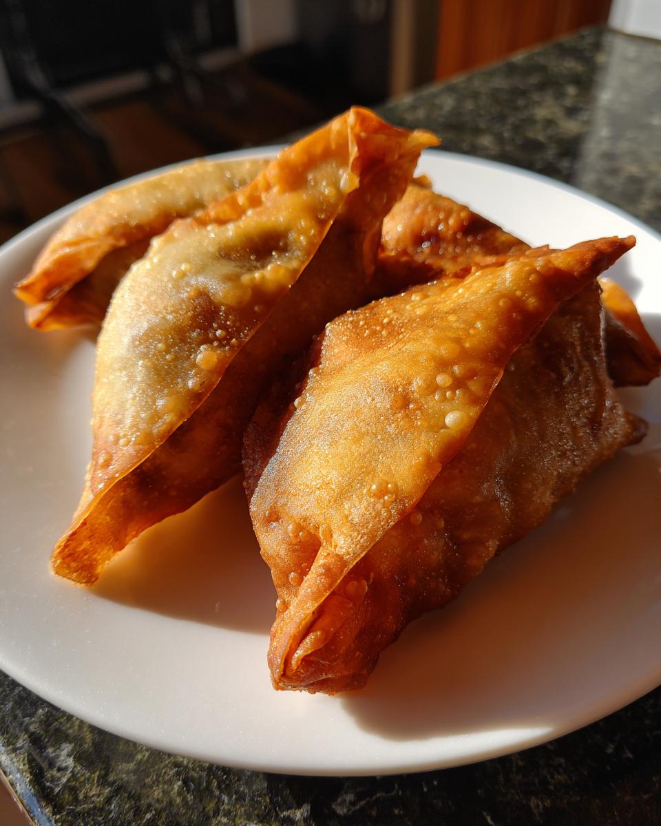 Close-up of golden-brown, crispy fried rice paper dumplings arranged on a white plate.