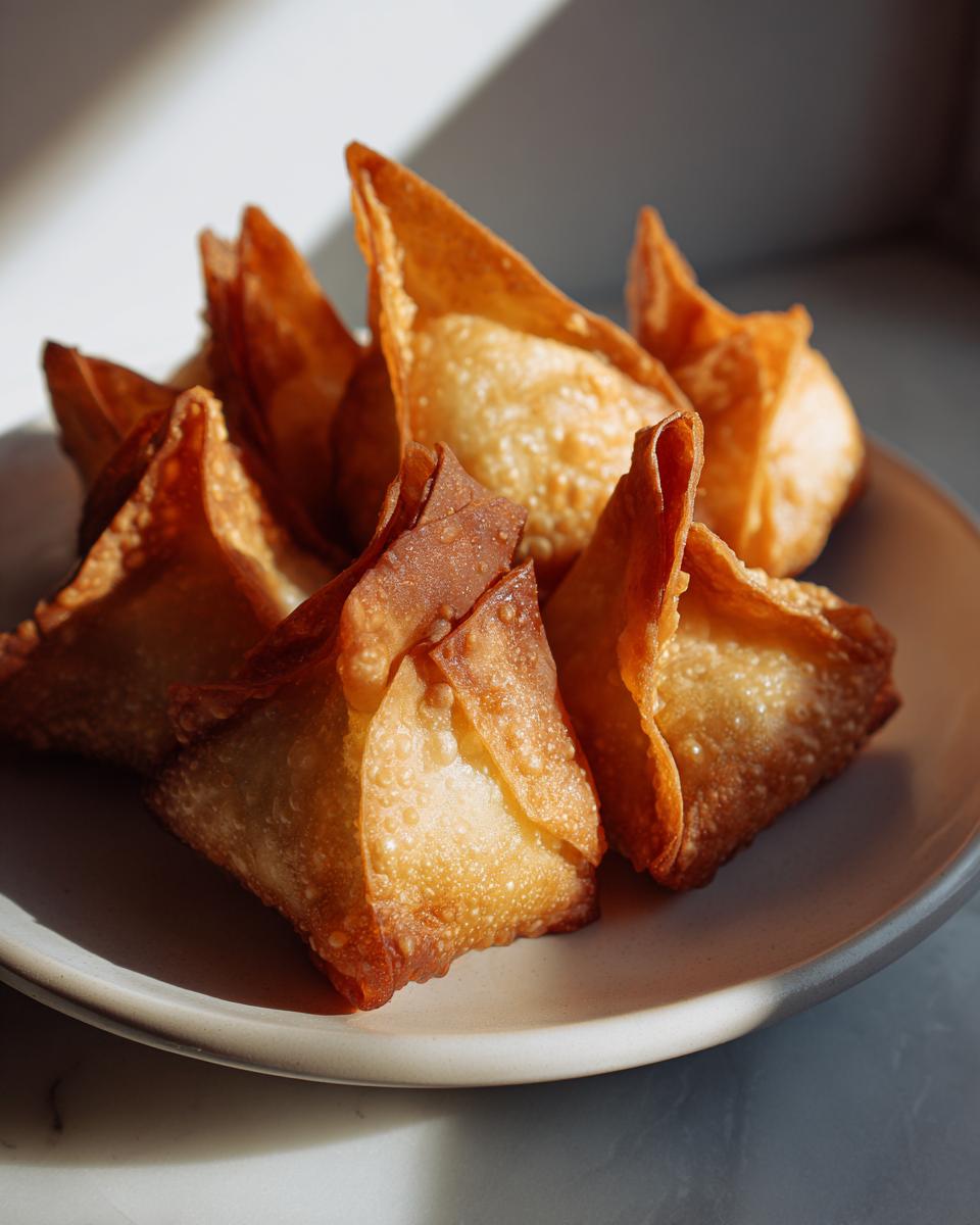 Close-up of several golden brown, crispy rice paper dumplings piled on a light-colored plate.