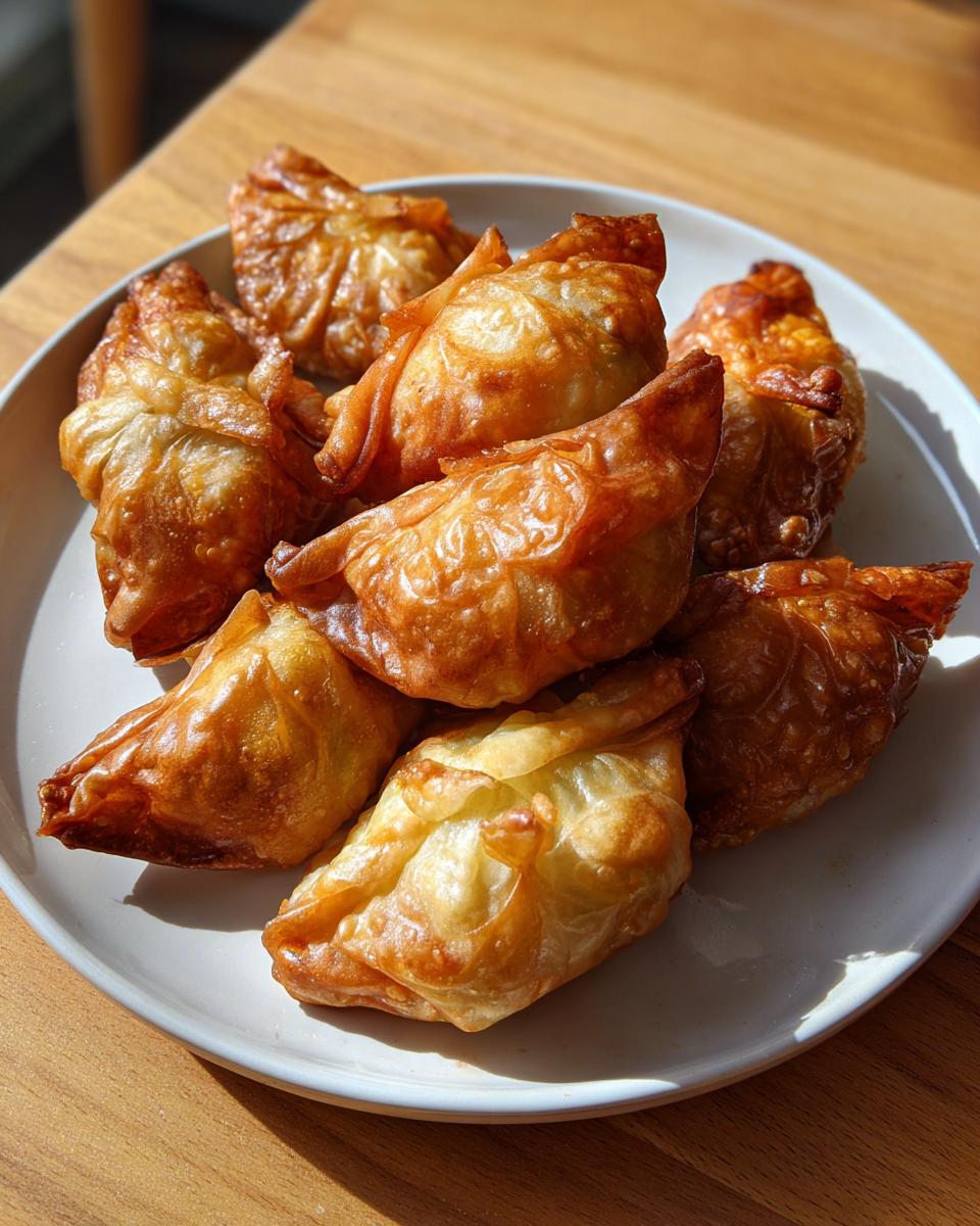 A plate of golden brown, crispy rice paper dumplings arranged together, freshly fried.