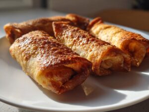 Four golden brown, crispy rice paper dumplings arranged on a white plate, catching the sunlight.
