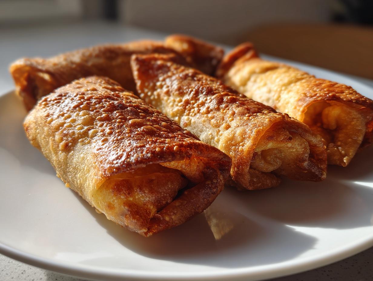 Four golden brown, crispy rice paper dumplings arranged on a white plate, catching the sunlight.
