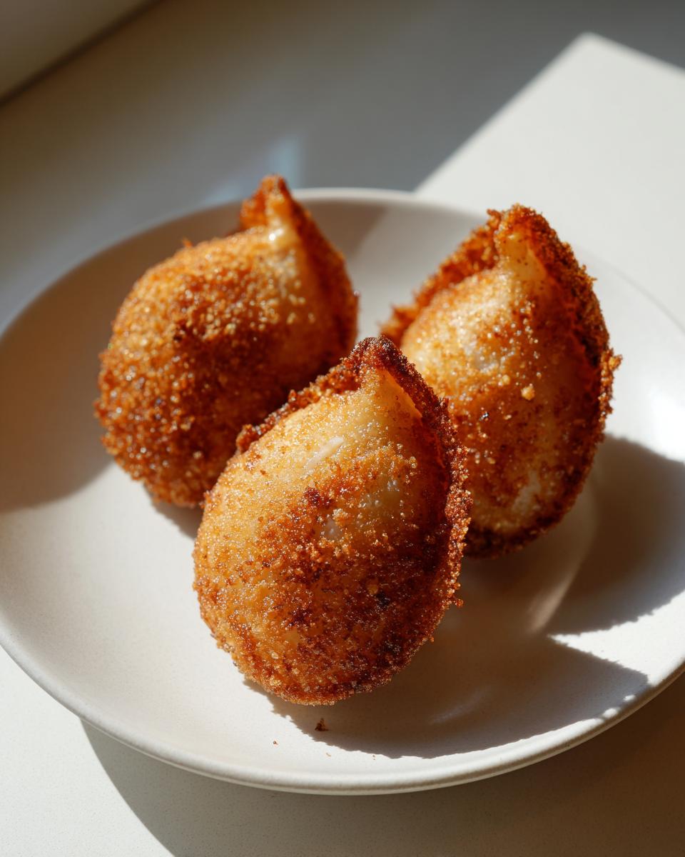 Three golden-brown, crispy rice paper dumplings arranged on a light-colored plate under bright sunlight.