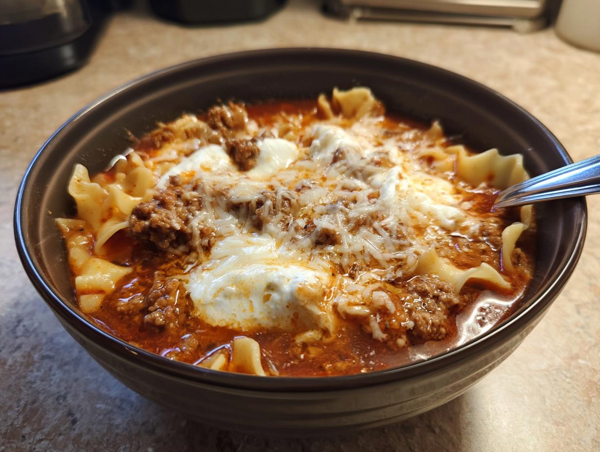 A close-up of a bowl of rich, meaty crockpot lasagna soup topped with dollops of ricotta and shredded mozzarella cheese.