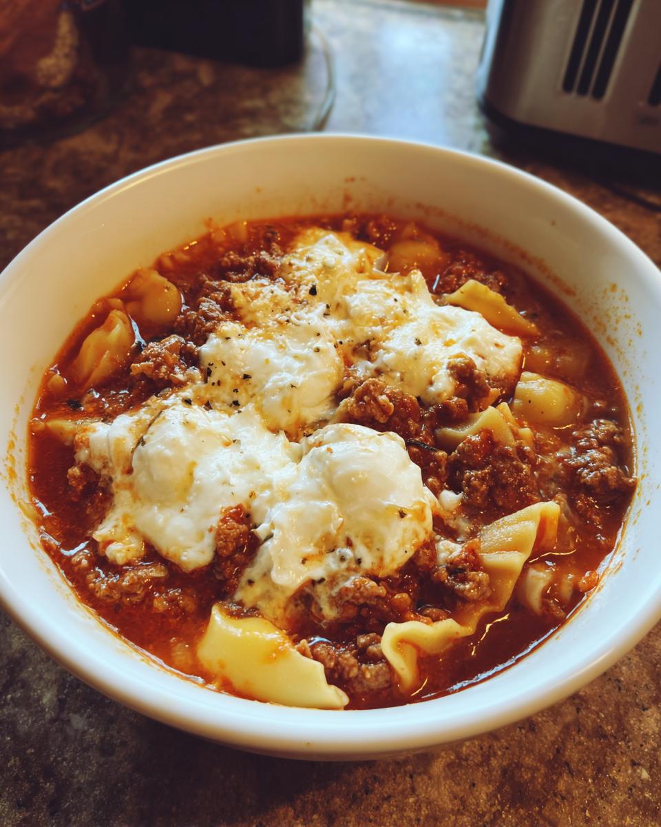 A close-up of a white bowl filled with rich crockpot lasagna soup, topped with dollops of melted ricotta cheese and black pepper.