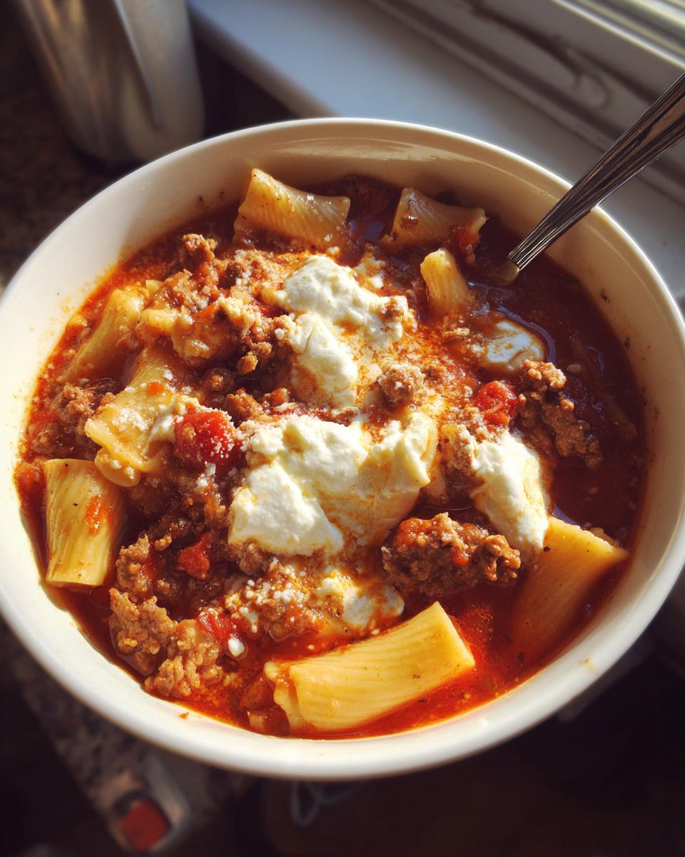 Close-up overhead view of a bowl of rich crockpot lasagna soup topped with dollops of ricotta cheese.