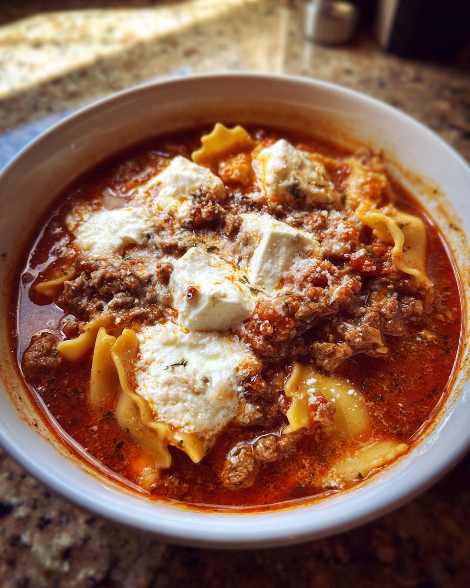 Close-up of a bowl of rich, red crockpot lasagna soup topped with dollops of ricotta cheese and ground meat.