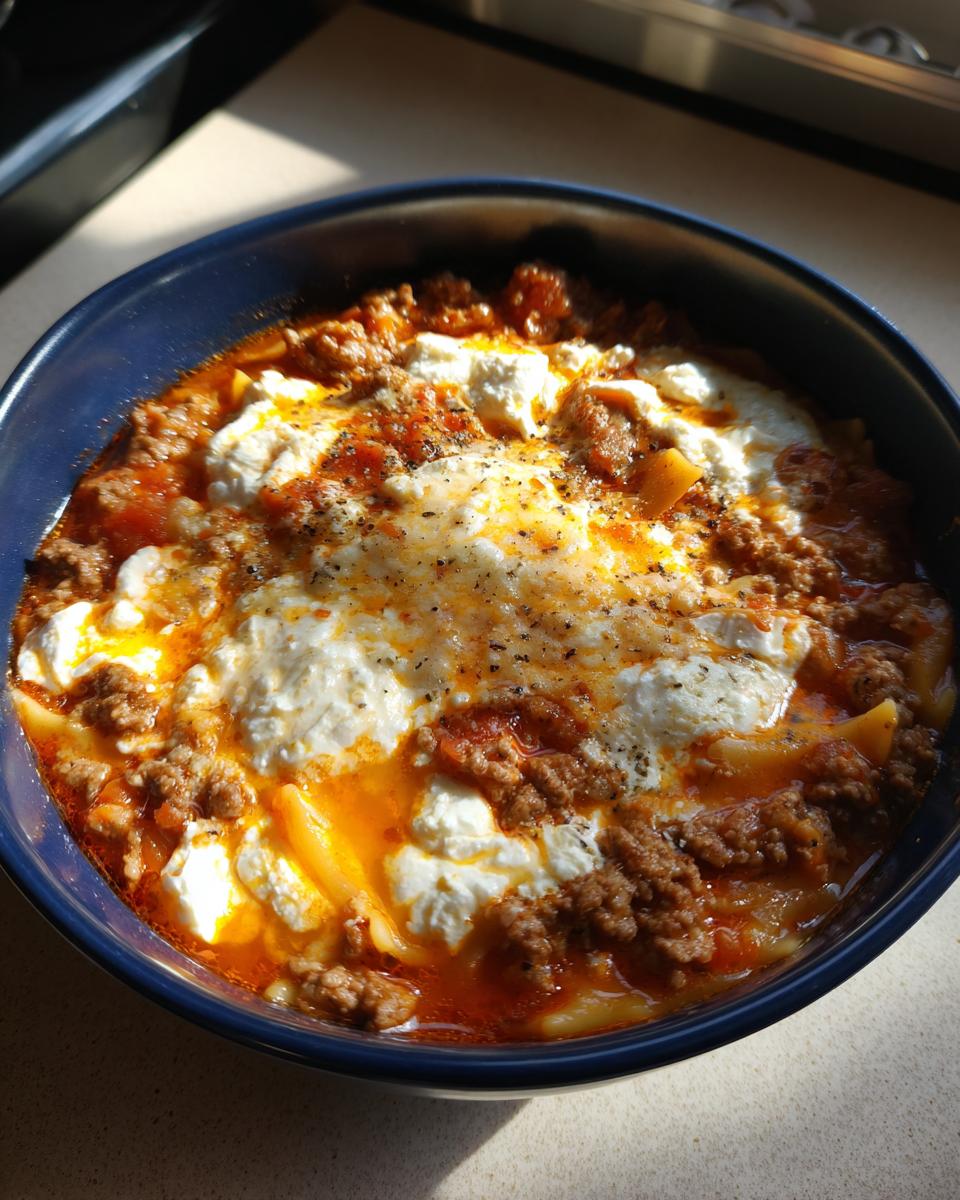 A close-up of a bowl of rich crockpot lasagna soup topped with dollops of white ricotta cheese and black pepper.
