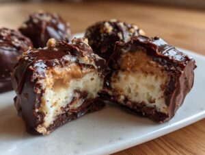 Close-up of peanut butter balls cut in half showing creamy white and peanut butter filling coated in dark chocolate.