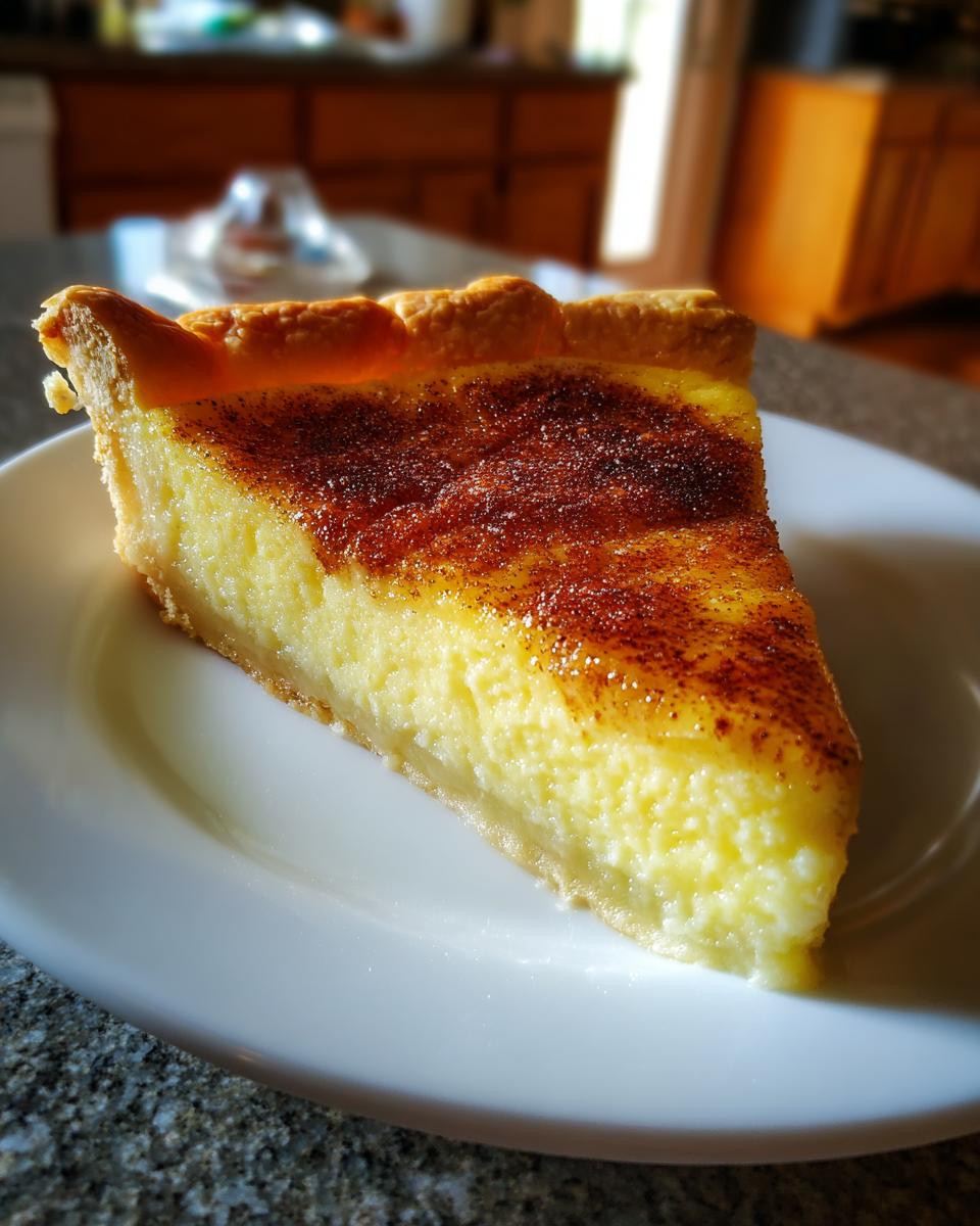 A close-up of a perfectly set slice of custard pie dusted with cinnamon on a white plate.