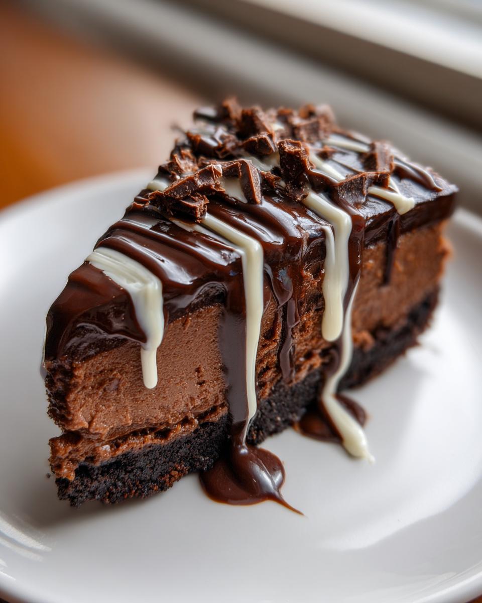 A rich slice of chocolate cheesecake with a dark crust, topped with chocolate ganache, white chocolate drizzle, and shavings.