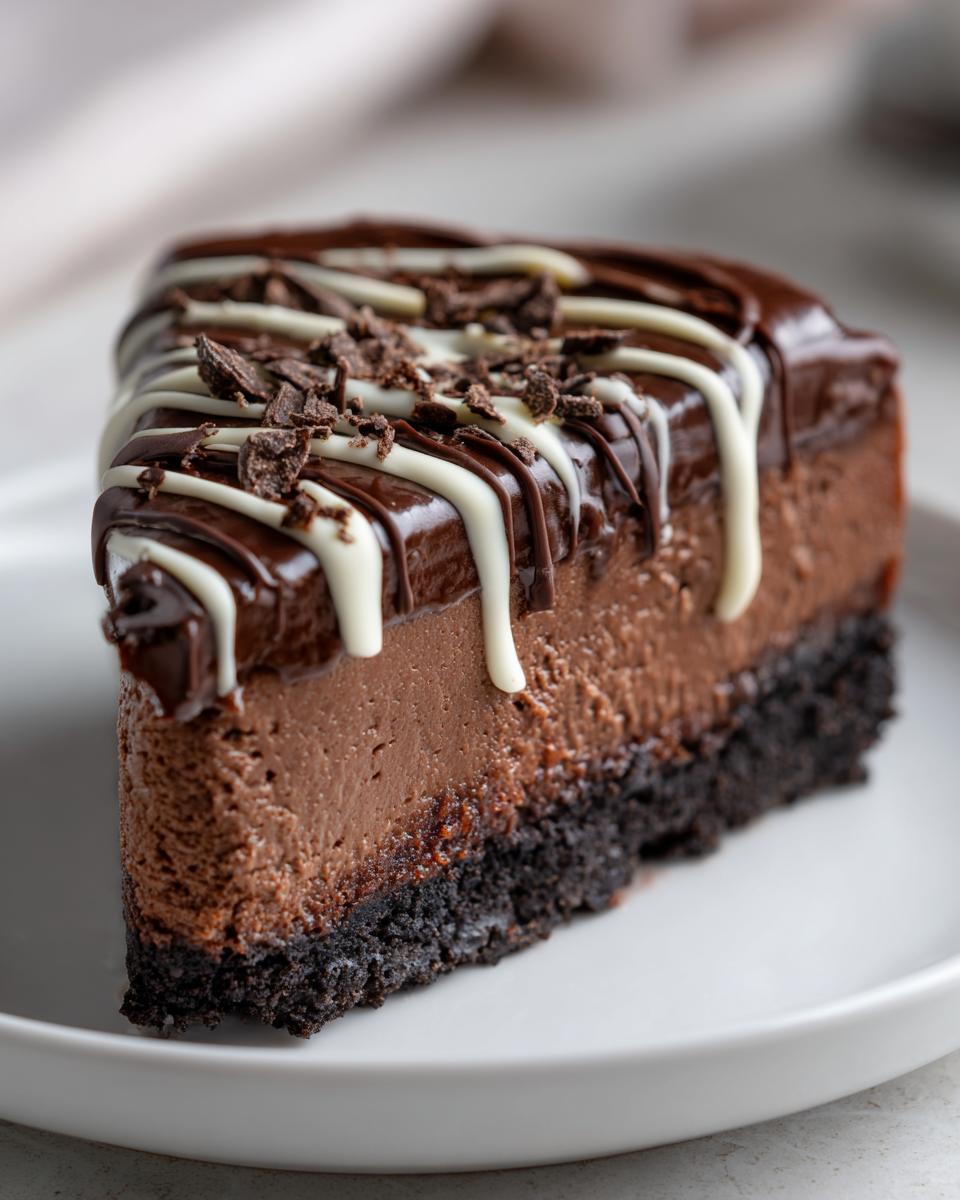Close-up of a rich slice of chocolate cheesecake with a dark cookie crust, topped with chocolate ganache and white chocolate drizzle.