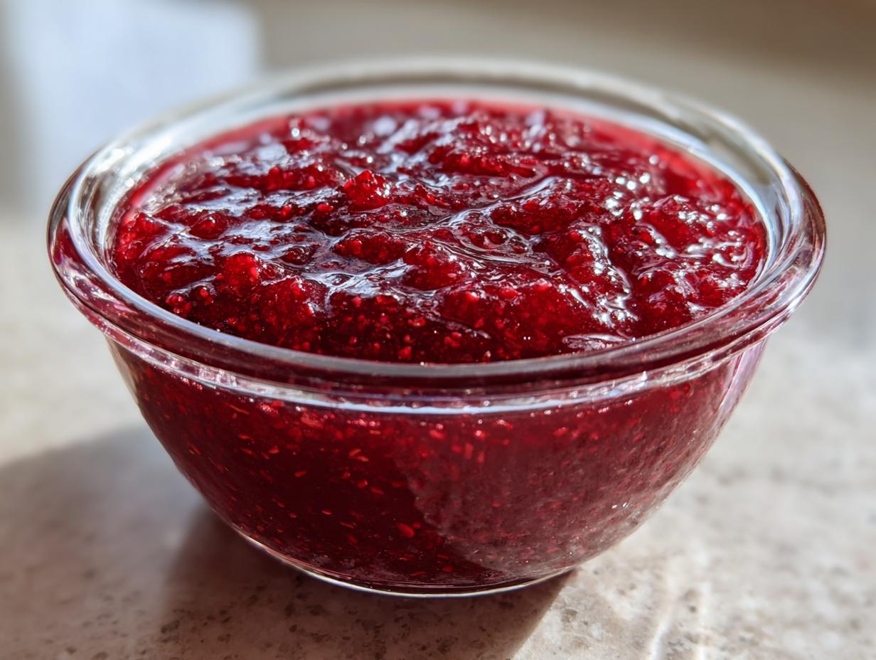 A clear glass bowl filled with thick, vibrant red homemade raspberry jam, showing visible seeds and glossy texture.