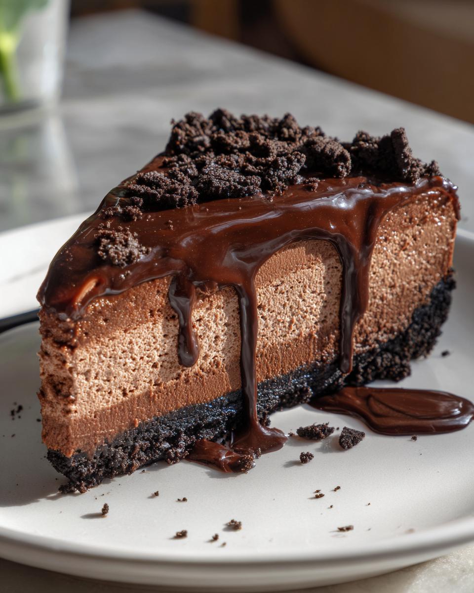 A rich slice of chocolate mousse pie with a dark crust, topped with chocolate ganache drizzle and crumbs.