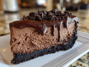 A decadent slice of chocolate mousse pie featuring a thick, airy filling on a dark crust, topped with chocolate ganache and cookie crumbs.