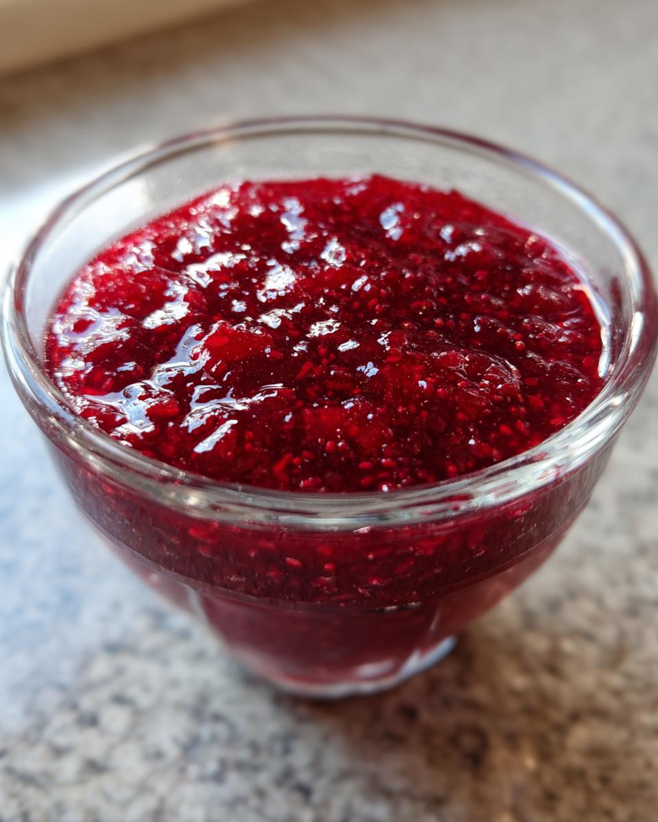 A close-up view of vibrant, glistening homemade raspberry jam texture inside a small clear glass bowl.