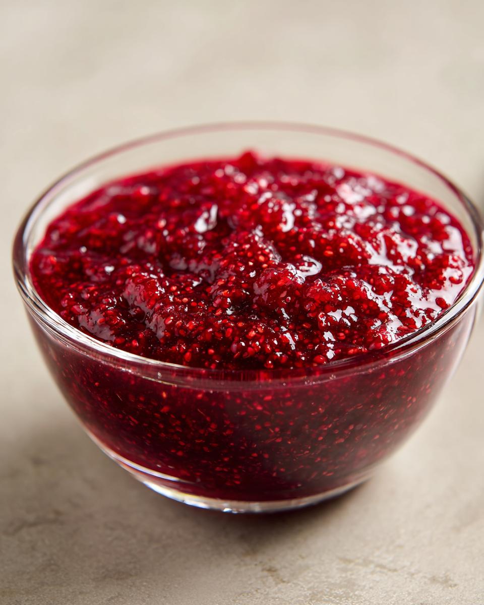 Close-up of vibrant, chunky raspberry jam filled in a small clear glass bowl.