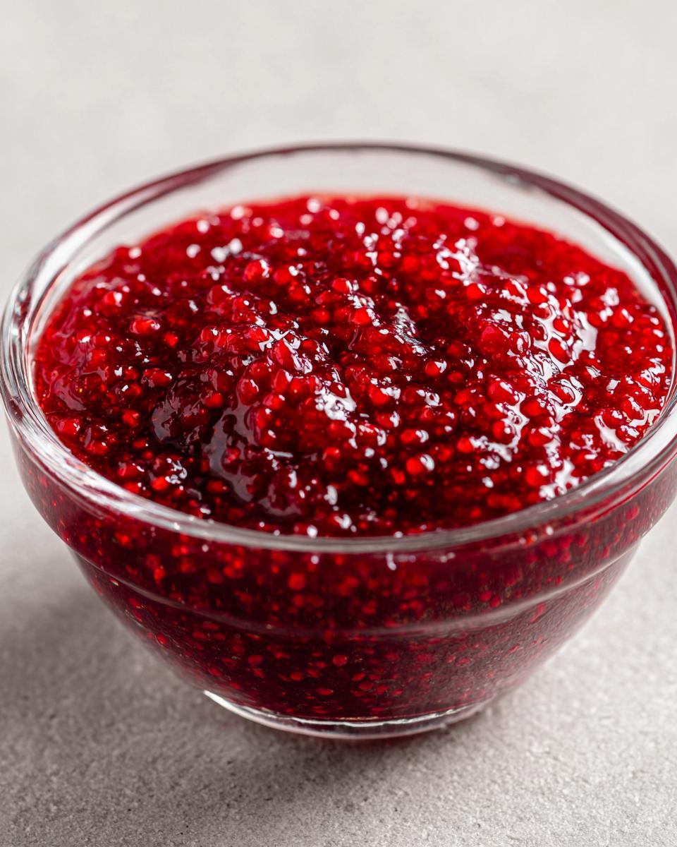 Close-up of vibrant, thick homemade raspberry jam with visible seeds in a small clear glass bowl.
