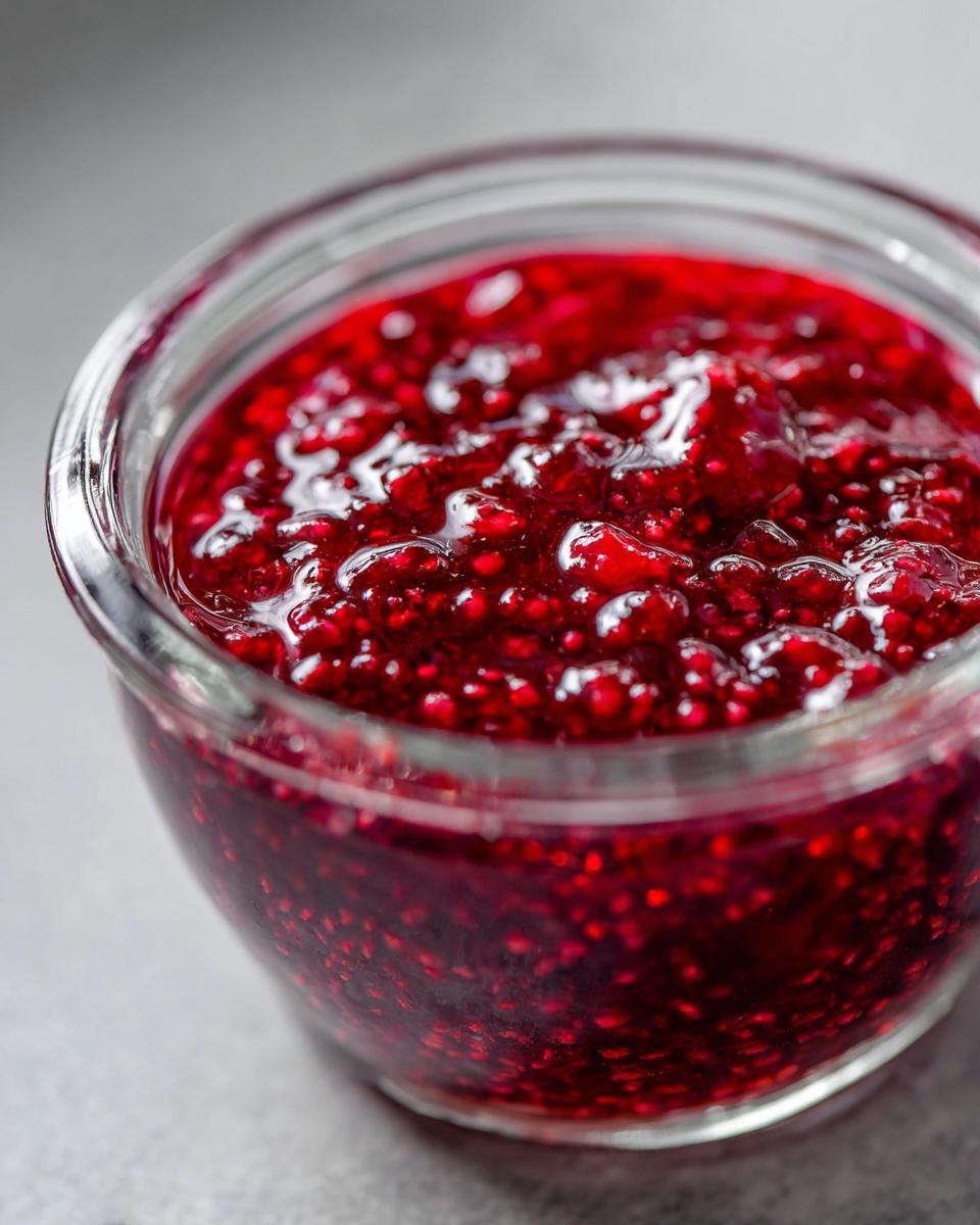Close-up, glossy texture of homemade raspberry jam packed with seeds in a small glass jar.