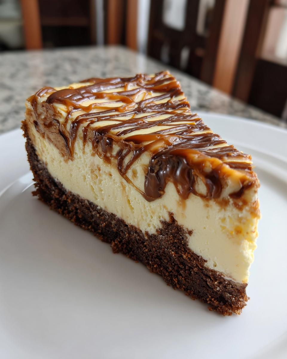 A perfect slice of creamy biscoff cheesecake featuring a dark crust and topped with caramel and chocolate drizzle.