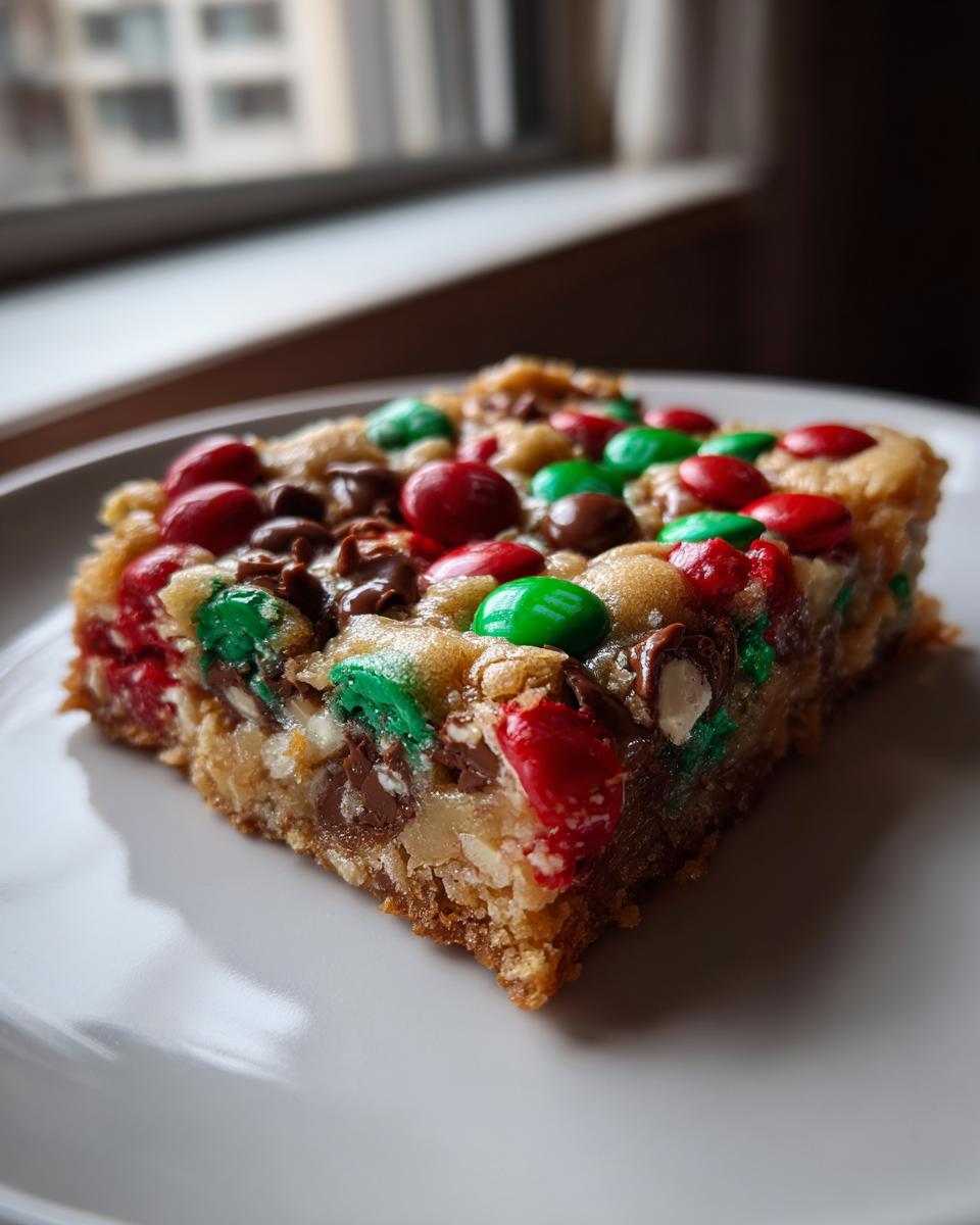 A close-up of a thick, chewy christmas cookie bars slice topped with red and green M&Ms.