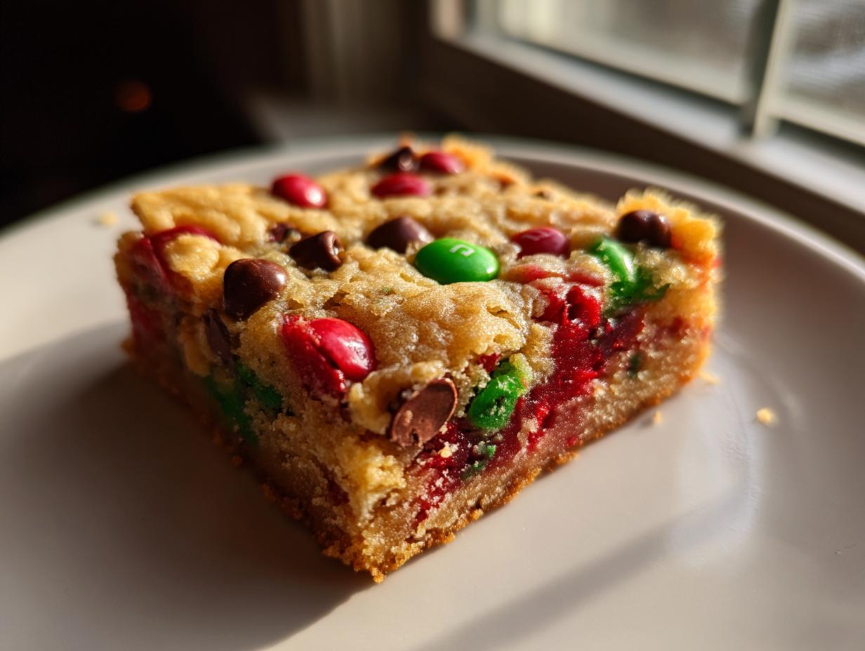 A single, thick slice of chewy christmas cookie bars studded with red, green, and brown M&M-style candies.