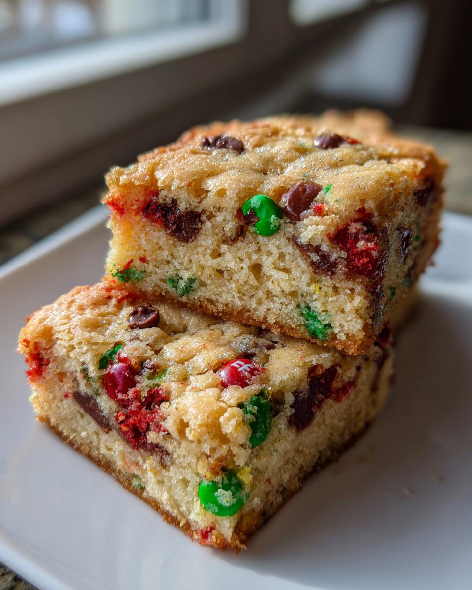 Two stacked squares of soft, chewy christmas cookie bars loaded with red and green candies and chocolate chips.