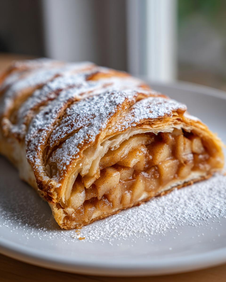 Close-up of a flaky pastry slice of apple strudel filled with cinnamon apples, dusted with powdered sugar.