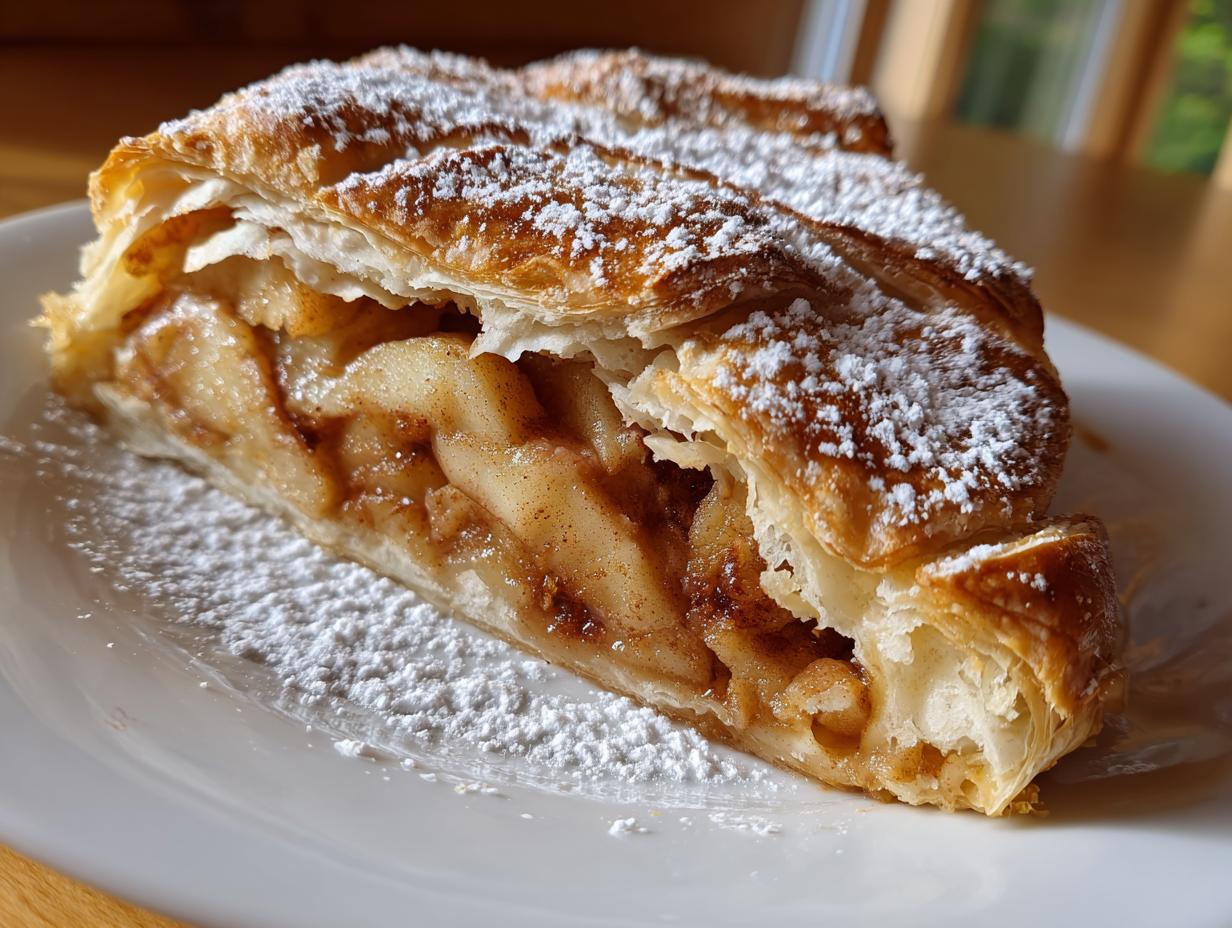 Close-up of a flaky slice of apple strudel filled with spiced apples and dusted heavily with powdered sugar.