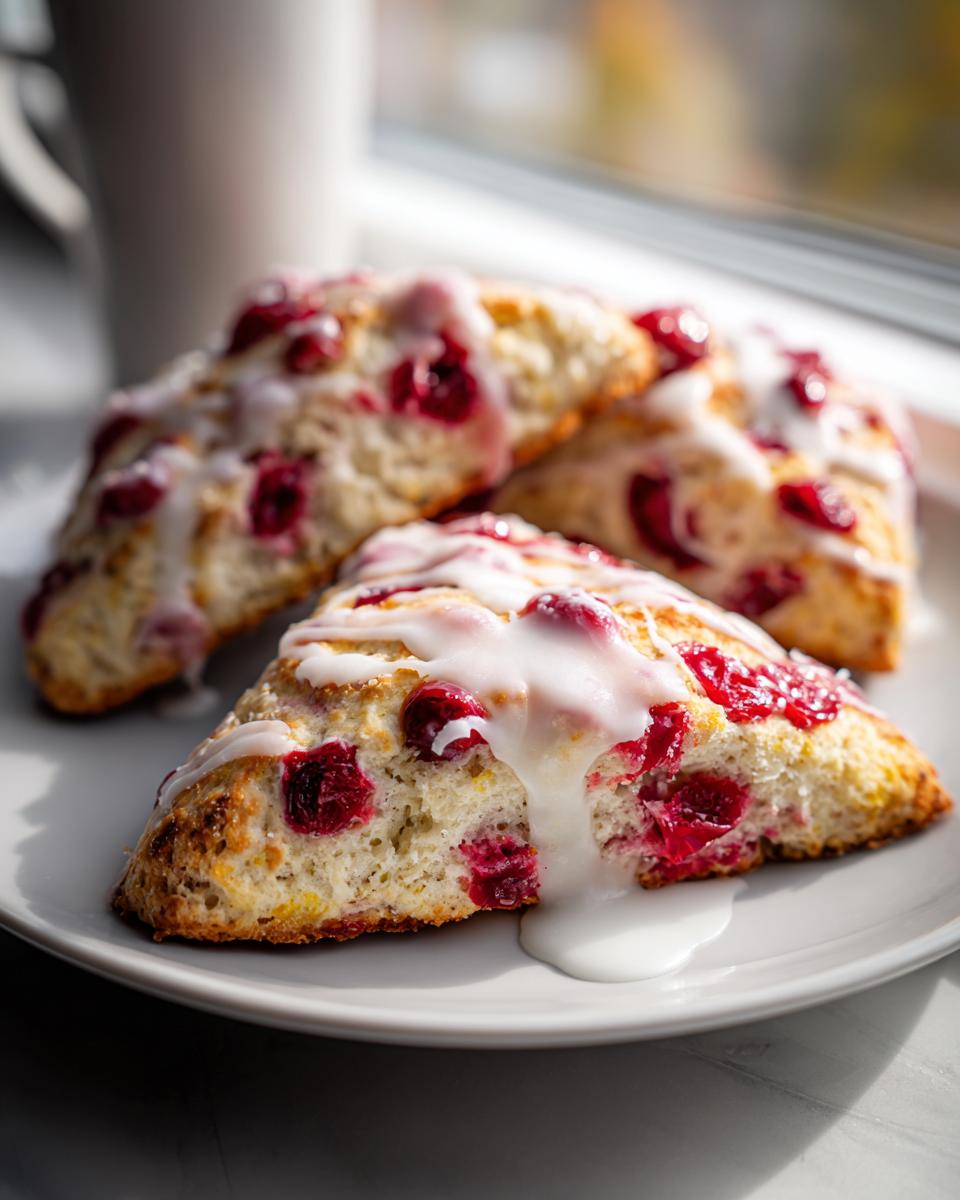 Three flaky cranberry scones drizzled generously with white icing, sitting on a plate near a bright window.