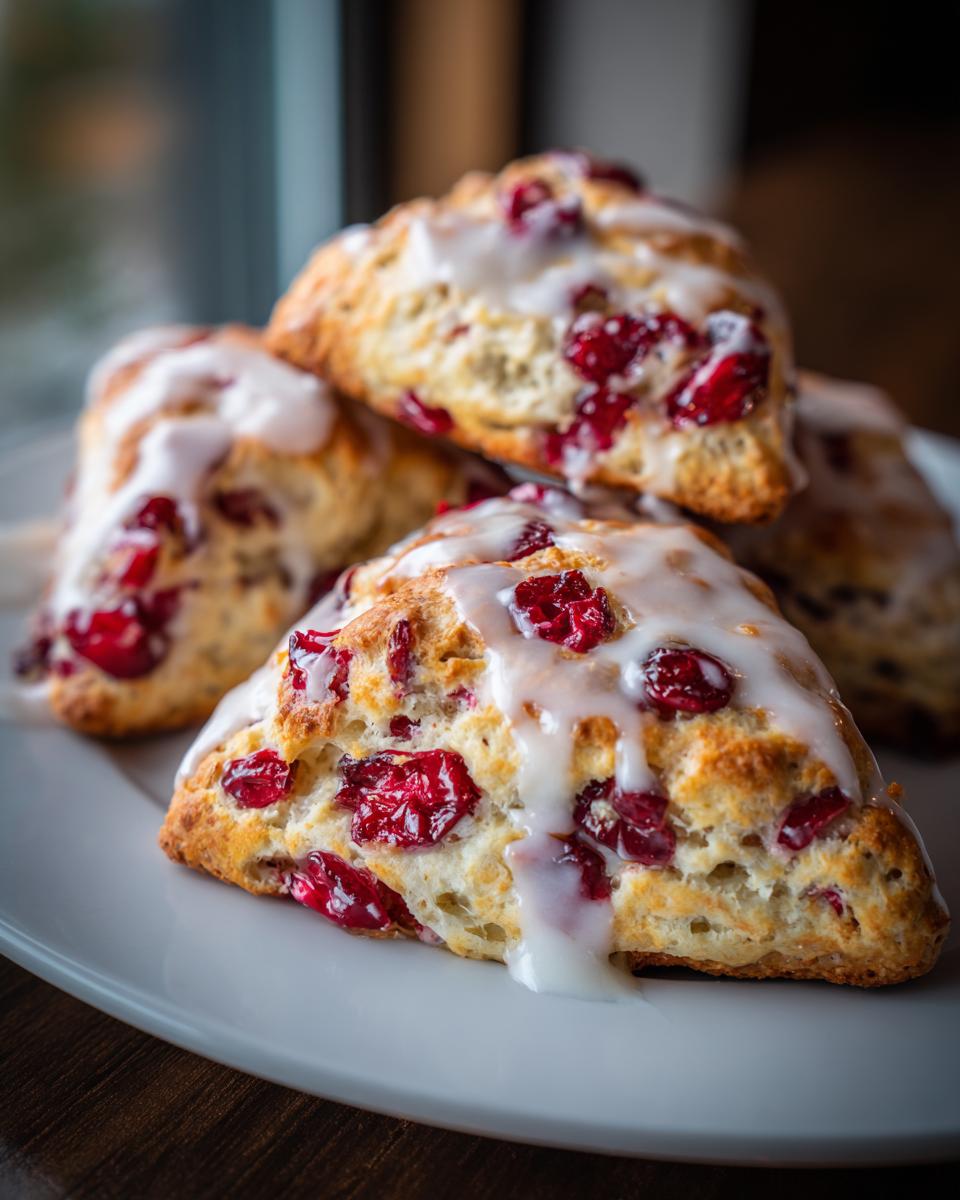 Close-up of flaky cranberry scones drizzled with white icing, highlighting the bright red cranberries.