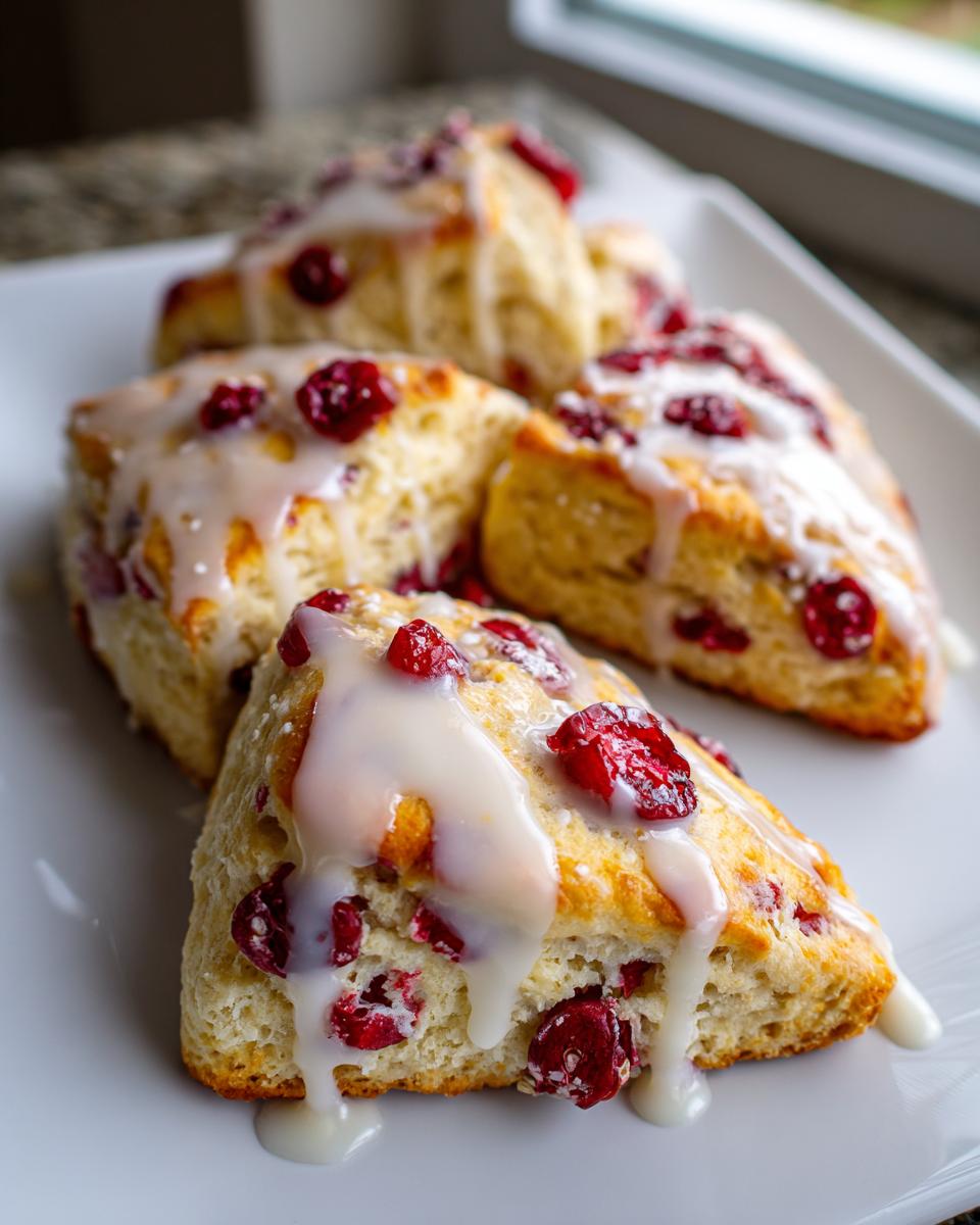 Close-up of flaky cranberry scones topped with thick white vanilla glaze dripping down the sides.