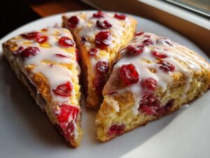 Three triangular cranberry scones drizzled with sweet white icing, featuring visible dried cranberries.