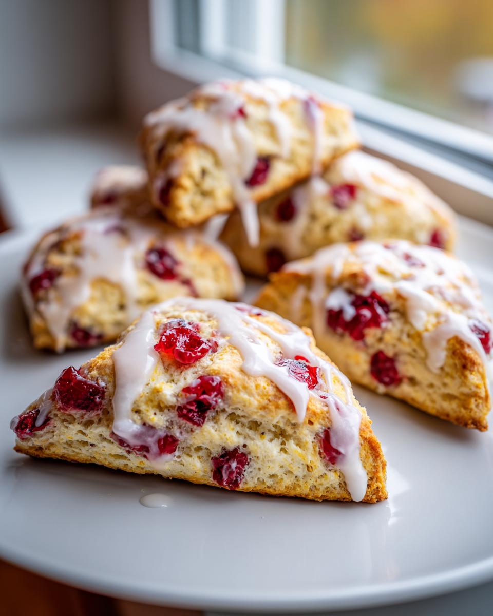 Close-up of flaky cranberry scones drizzled with white icing, sitting on a white plate near a window.