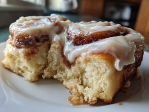 Close-up of a soft, fluffy cinnamon bun with rich cinnamon swirl and thick white icing.