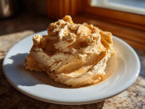 A generous dollop of whipped cinnamon butter, dusted with extra spice, served on a white plate.