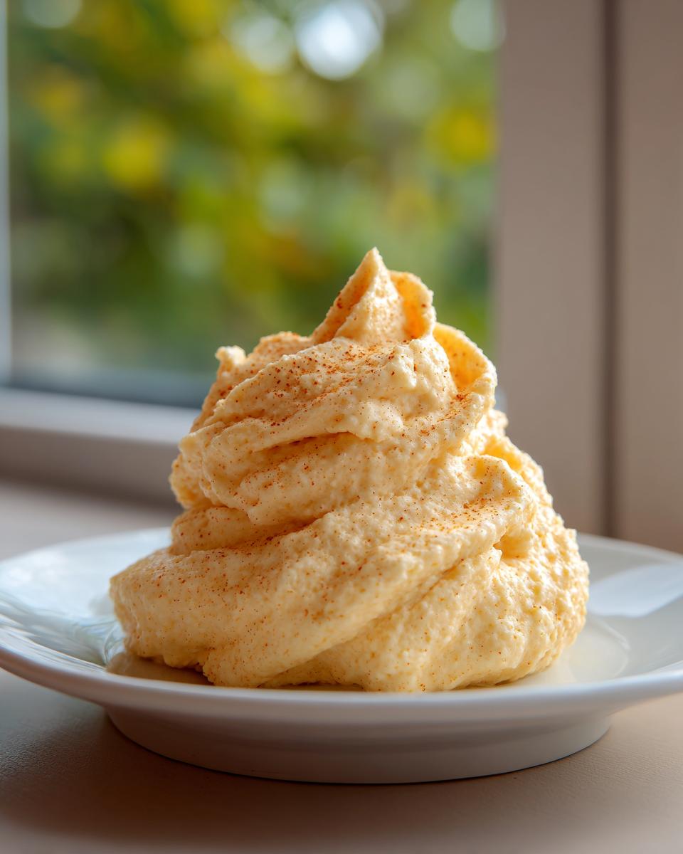A tall swirl of creamy, light yellow cinnamon butter dusted with spice, served on a white plate.