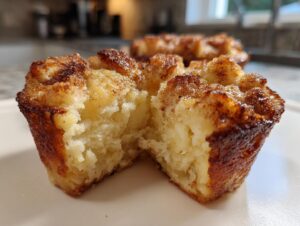 A close-up view of a french toast muffin cut in half, showing its soft, custardy interior and caramelized cinnamon-sugar top.