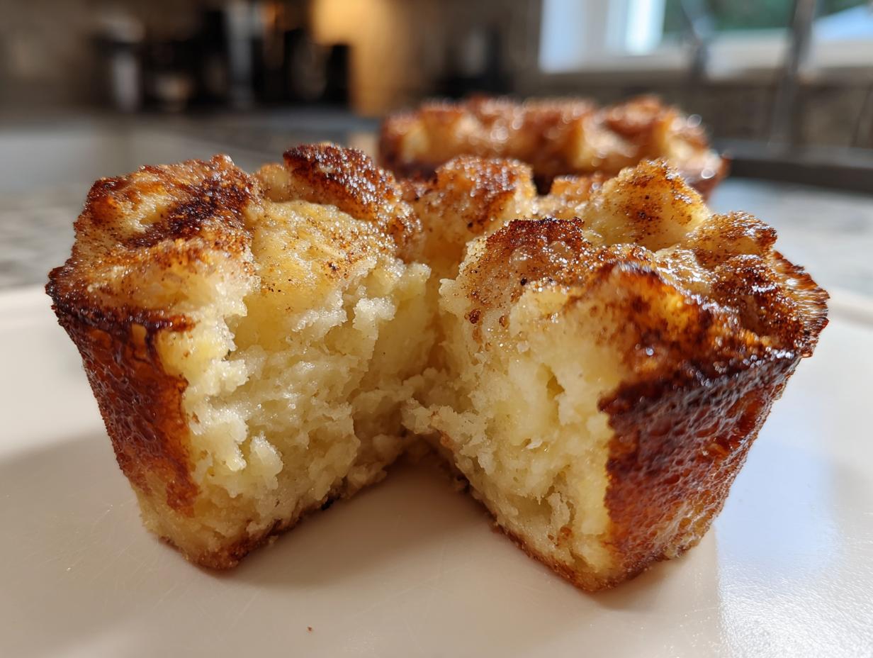 A close-up view of a french toast muffin cut in half, showing its soft, custardy interior and caramelized cinnamon-sugar top.