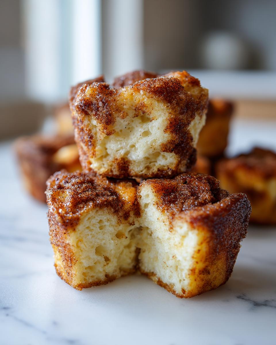 Close-up of two stacked french toast muffins, one cut open showing the soft, fluffy interior coated in cinnamon sugar.