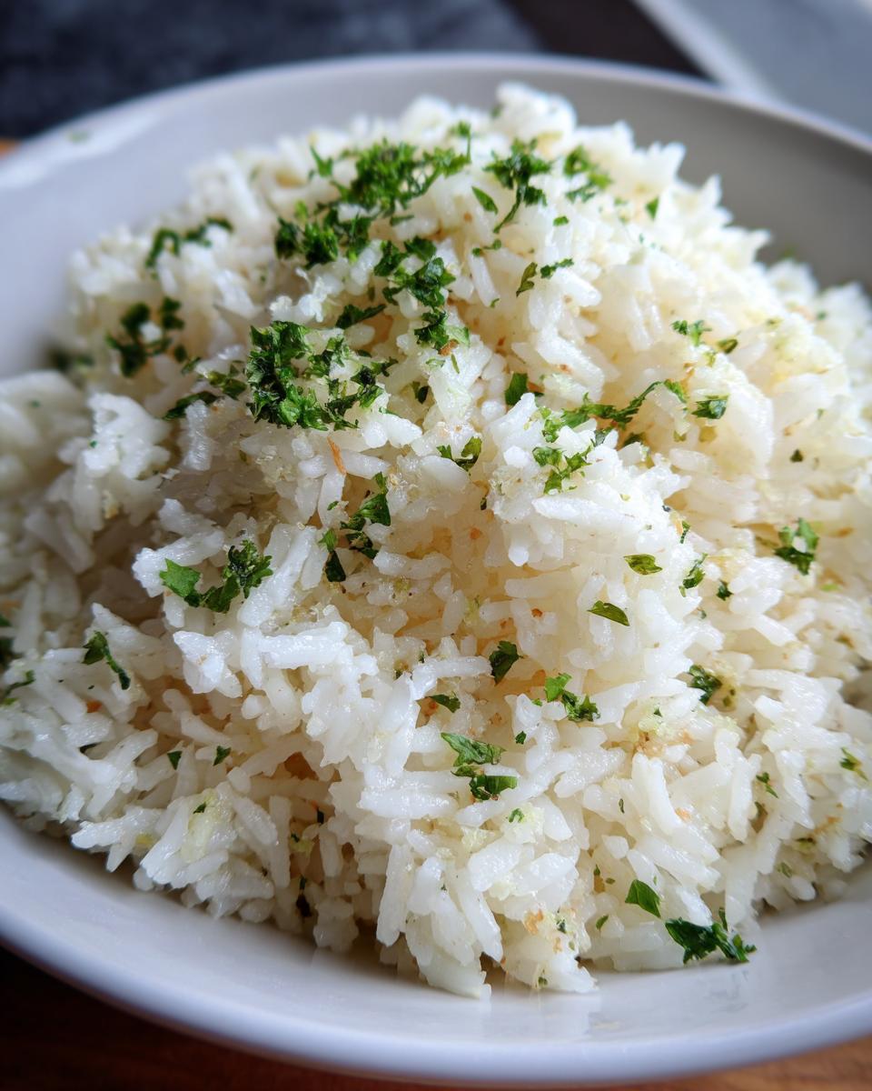 Close-up of fluffy white rice seasoned with garlic butter and topped with chopped fresh parsley, perfect garlic butter rice.