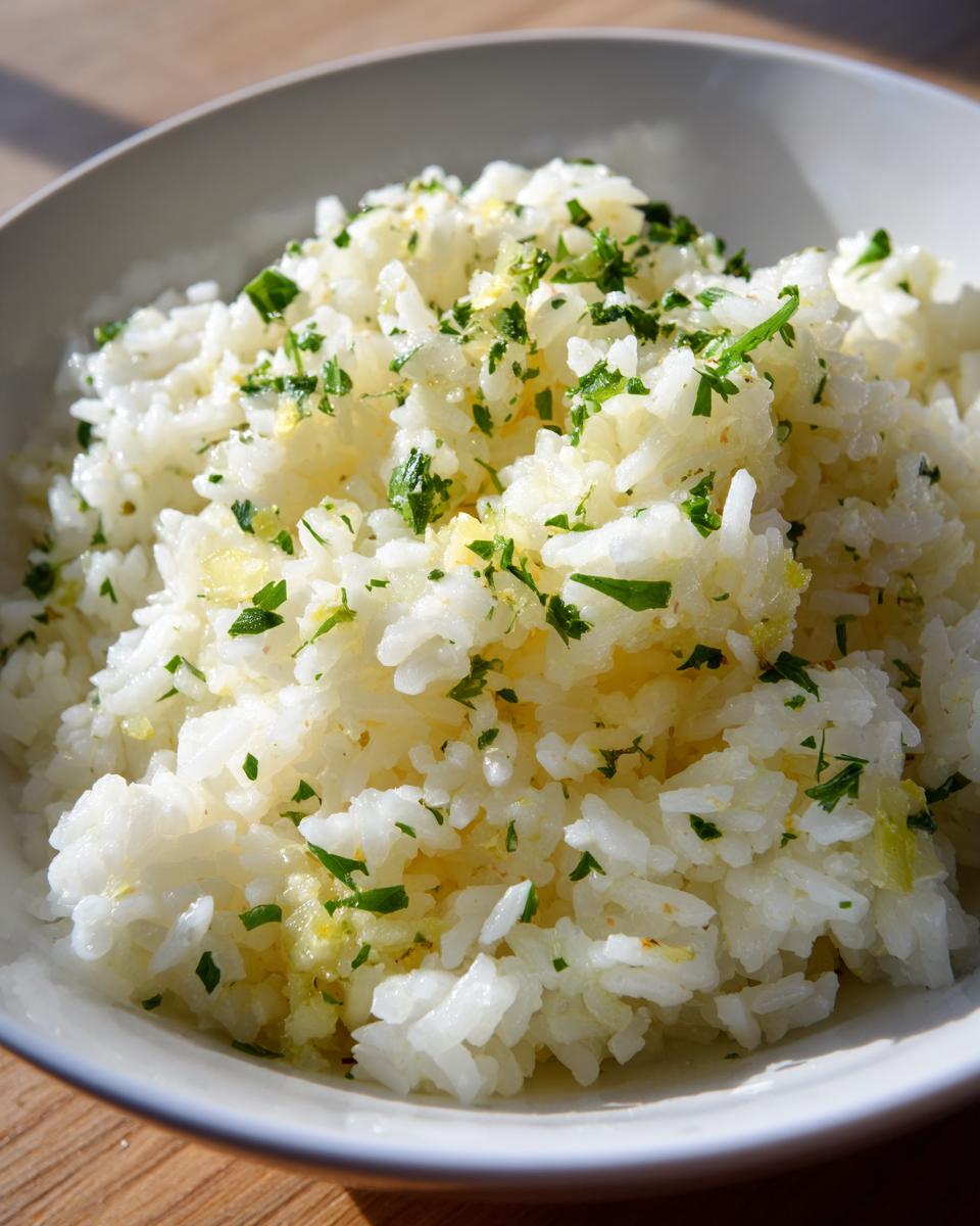 Close-up of fluffy white rice tossed in melted butter and topped with fresh chopped parsley, perfect garlic butter rice.