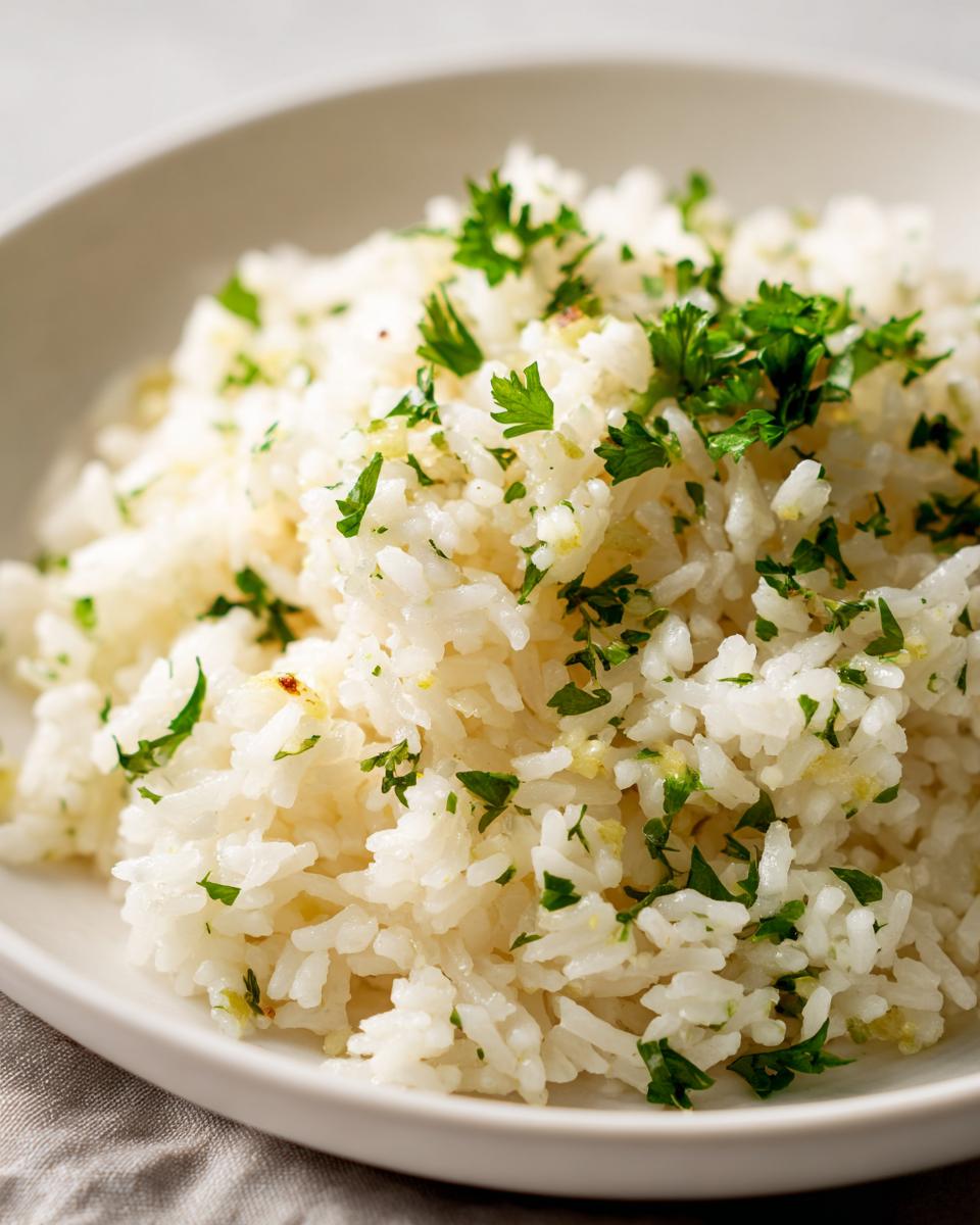 Close-up of fluffy white rice tossed with garlic butter and garnished generously with chopped fresh parsley.