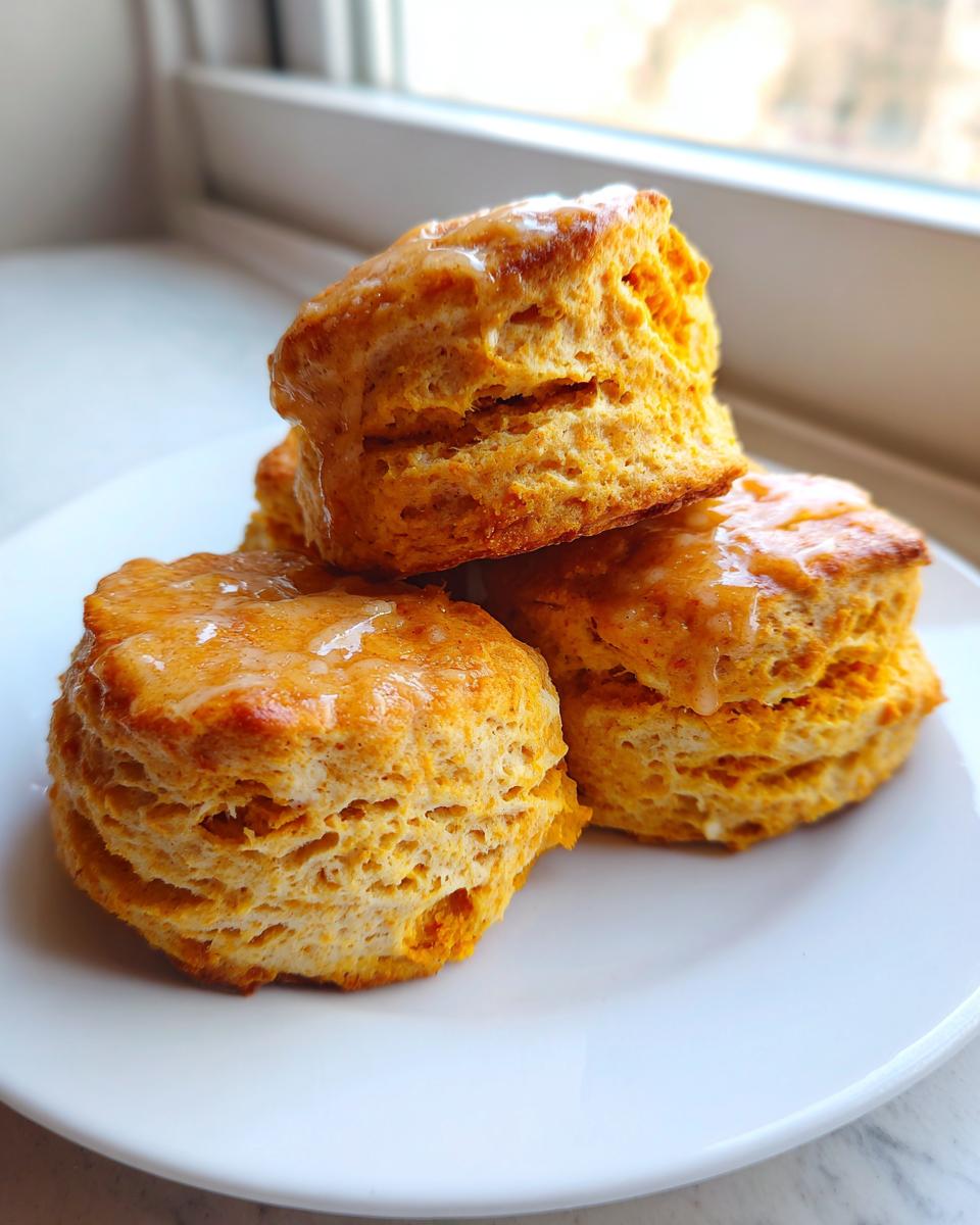 A stack of three fluffy, orange-hued sweet potato biscuits topped with a light glaze, sitting on a white plate.