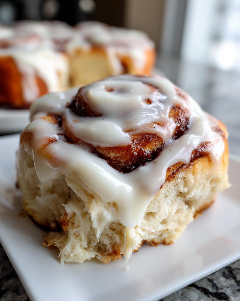 A close-up shot of a single, fluffy cinnamon bun topped with thick white icing, showing the soft interior.